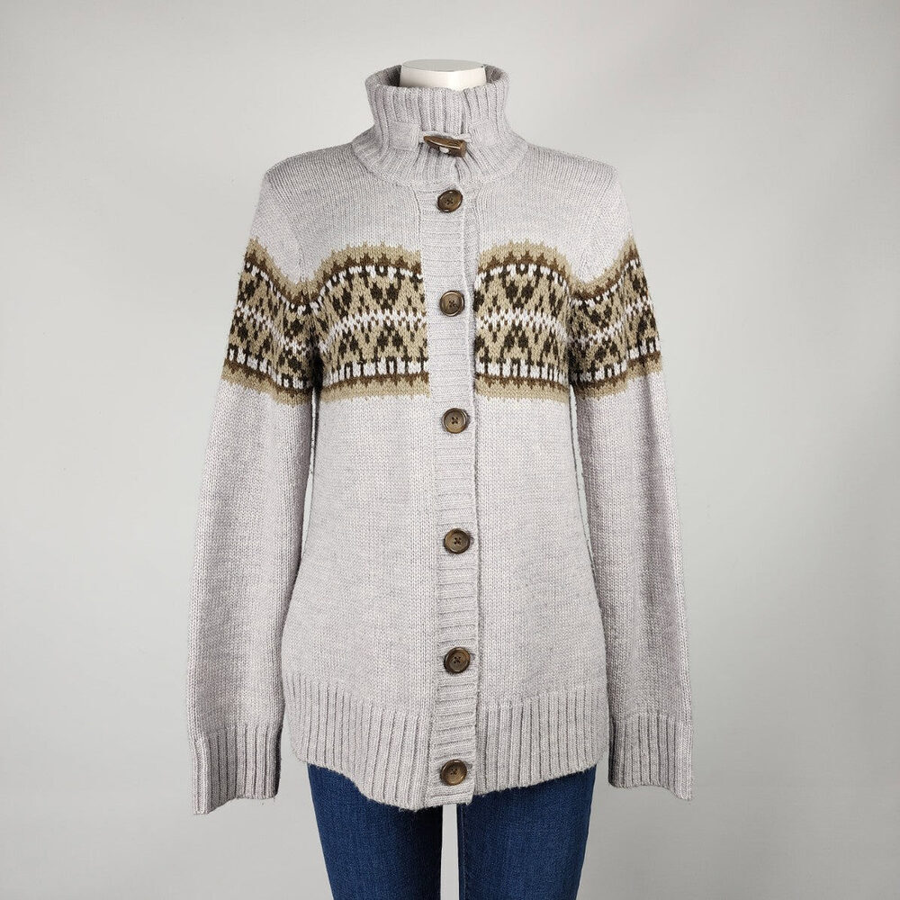 Lady Hathaway Grey Wool Fair Isle Knit Button Up Cardigan Size M